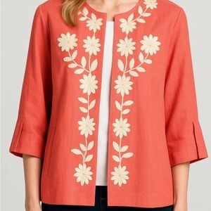 Nygard Coral Pink Embroidered Linen Jacket Women Plus 18 Beaded 3/4 Sleeve